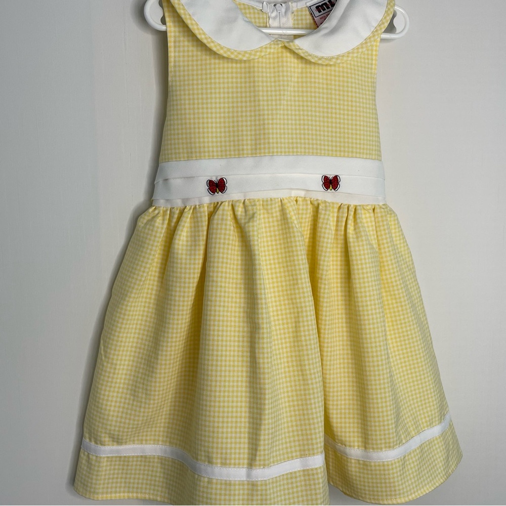 Yellow Gingham Embroidered Dress Butterfly Peter Pan Collar Vintage Girls Size 4 - Picture 3 of 12